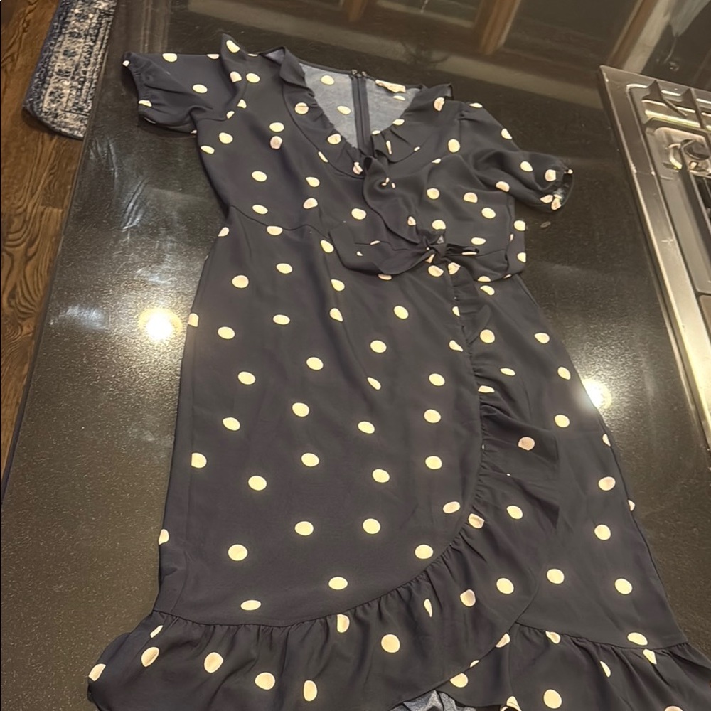LOFT Navy Polka Dot Midi Dress